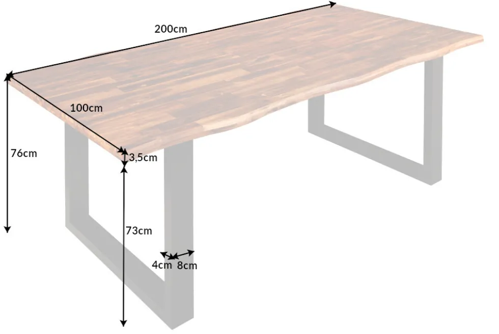 Massivholz Esstisch GENESIS 200cm braun geflammt Akazie Eisen schwarz Baumkante