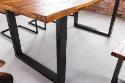 Massivholz Esstisch GENESIS 200cm braun geflammt Akazie Eisen schwarz Baumkante