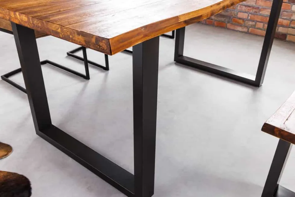 Massivholz Esstisch GENESIS 200cm braun geflammt Akazie Eisen schwarz Baumkante
