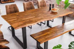 Massivholz Esstisch GENESIS 200cm braun geflammt Akazie Eisen schwarz Baumkante