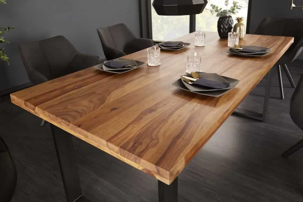 Massivholz Esstisch IRON CRAFT 180cm Sheesham stone finish Metallgestell schwarz