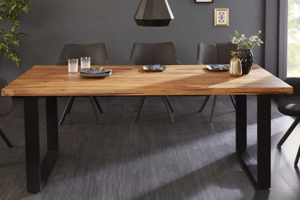 Massivholz Esstisch IRON CRAFT 180cm Sheesham stone finish Metallgestell schwarz