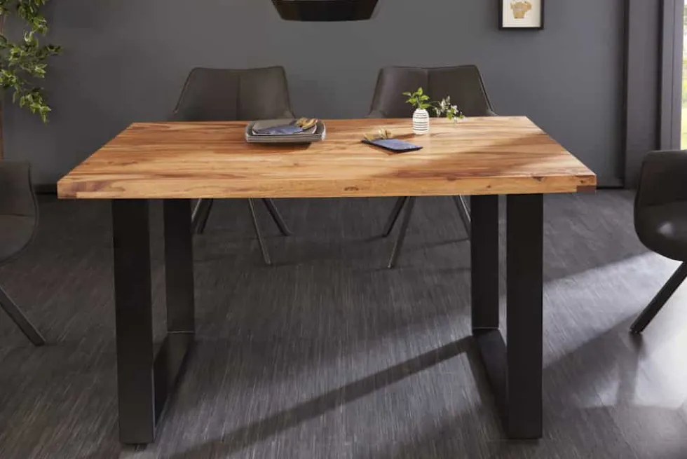 Massivholz Esstisch IRON CRAFT 140cm braun schwarz Sheesham stone finish Industrial