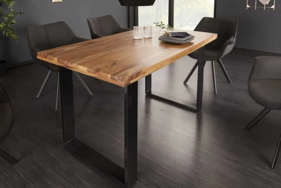 Massivholz Esstisch IRON CRAFT 140cm braun schwarz Sheesham stone finish Industrial