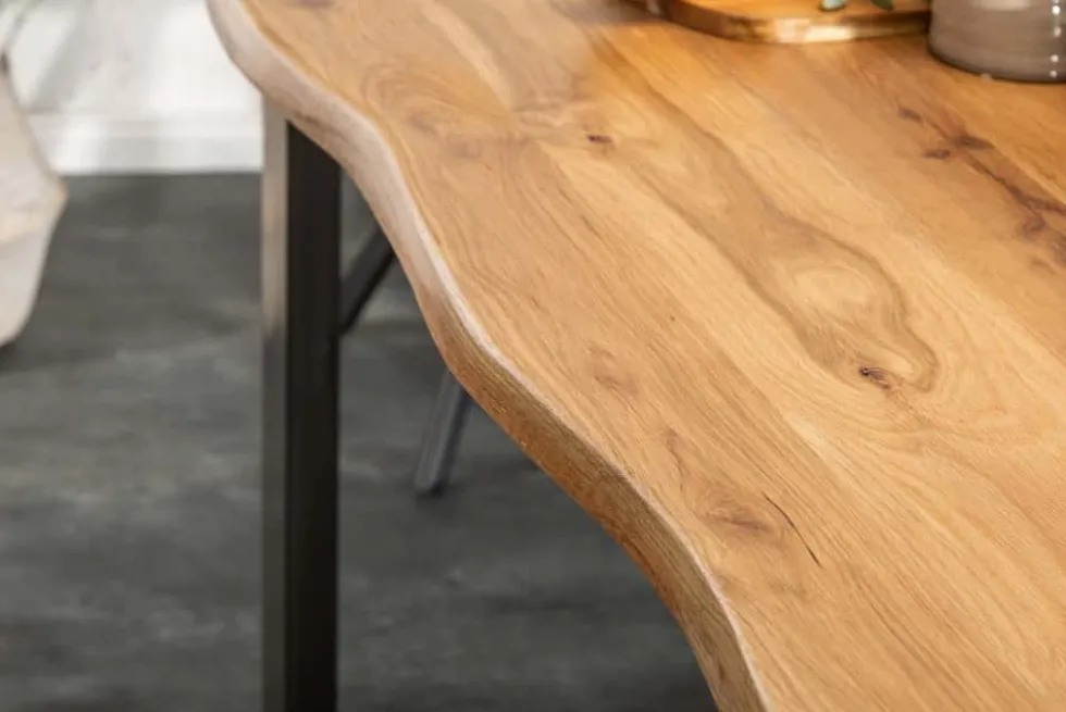 Massivholz Esstisch LIVING EDGE 160cm natur Wildeiche geölt Baumkante Metallgestell