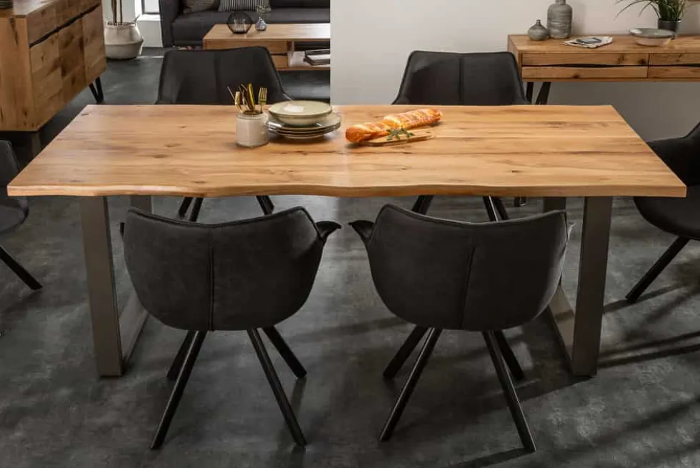 Massivholz Esstisch LIVING EDGE 200cm natur Wildeiche geölt Baumkante Metallbeine