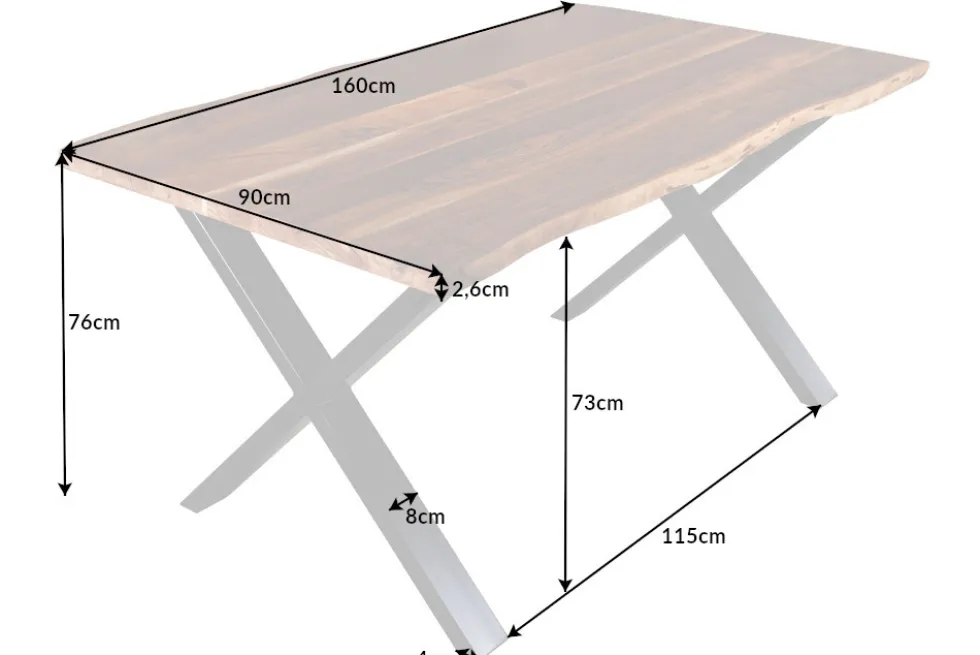 Massivholz Esstisch MAMMUT 160cm Akazie Baumkante X-Gestell Industrial Design 2,6 cm Platte