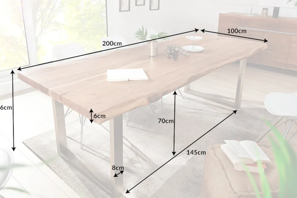 Massivholz Esstisch MAMMUT NATURE 200cm Akazie Baumkante 6cm Tischplatte Edelstahlbeine