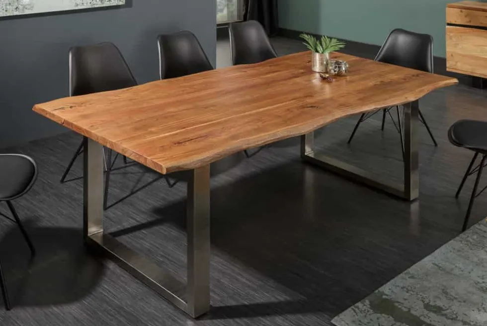 Massivholz Esstisch MAMMUT NATURE 200cm Akazie Edelstahl Baumkante 3,5cm Tischplatte