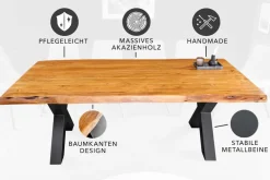 Massivholz Esstisch MAMMUT 200cm Akazie X-Gestell schwarz Metall Baumkante 5cm Tischplatte