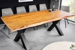 Massivholz Esstisch MAMMUT 200cm Akazie X-Gestell schwarz Metall Baumkante 5cm Tischplatte