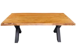 Massivholz Esstisch MAMMUT 200cm Akazie X-Gestell schwarz Metall Baumkante 5cm Tischplatte