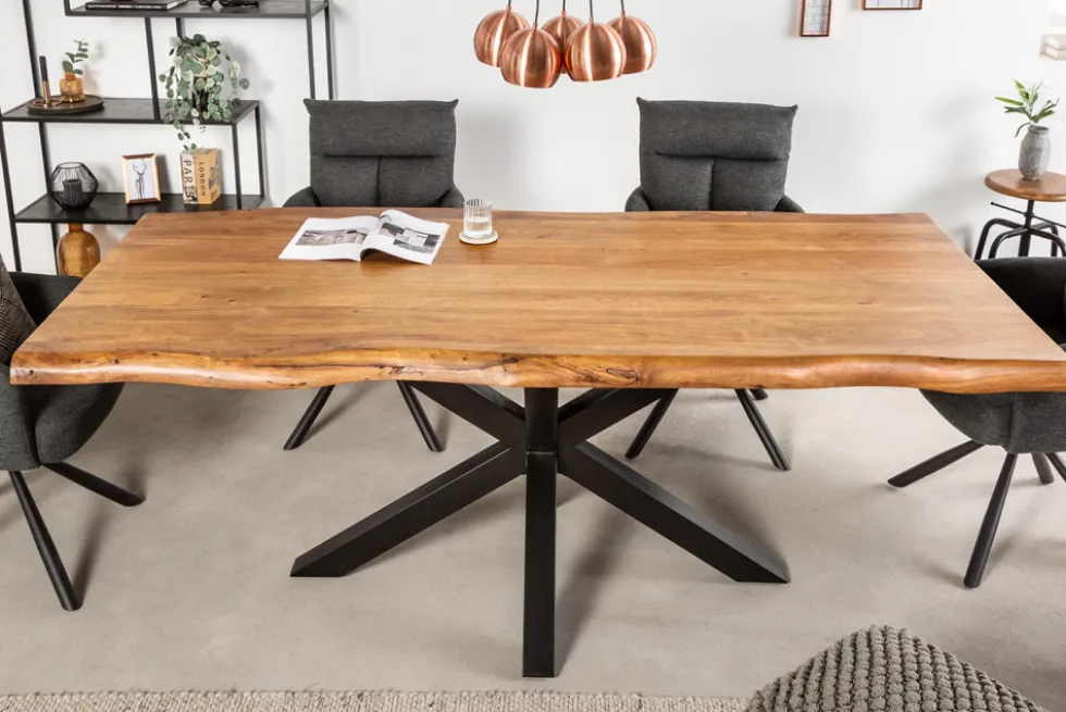 Massivholz Esstisch MAMMUT NATURE 220cm Akazie Metallgestell schwarz Baumkante 6cm Tischplatte
