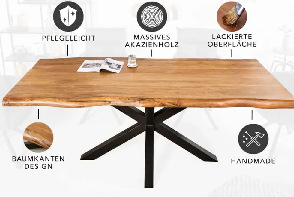 Massivholz Esstisch MAMMUT NATURE 220cm Akazie Metallgestell schwarz Baumkante 6cm Tischplatte
