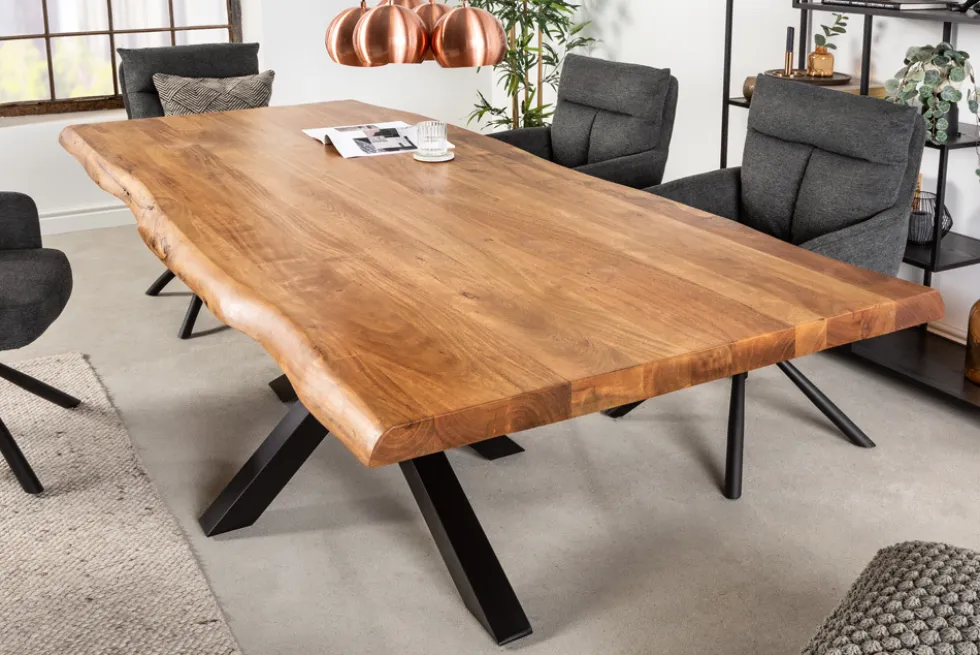 Massivholz Esstisch MAMMUT NATURE 220cm Akazie Metallgestell schwarz Baumkante 6cm Tischplatte