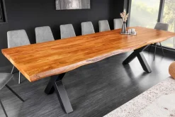 Massivholz Esstisch MAMMUT 300cm Akazie X-Gestell schwarz Metall Baumkante 6cm Tischplatte
