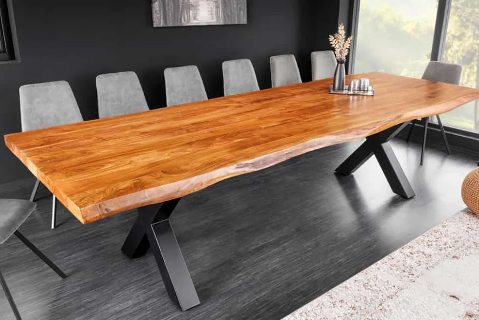 Massivholz Esstisch MAMMUT 300cm Akazie X-Gestell schwarz Metall Baumkante 6cm Tischplatte
