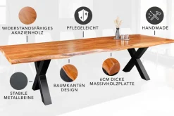 Massivholz Esstisch MAMMUT 300cm Akazie X-Gestell schwarz Metall Baumkante 6cm Tischplatte