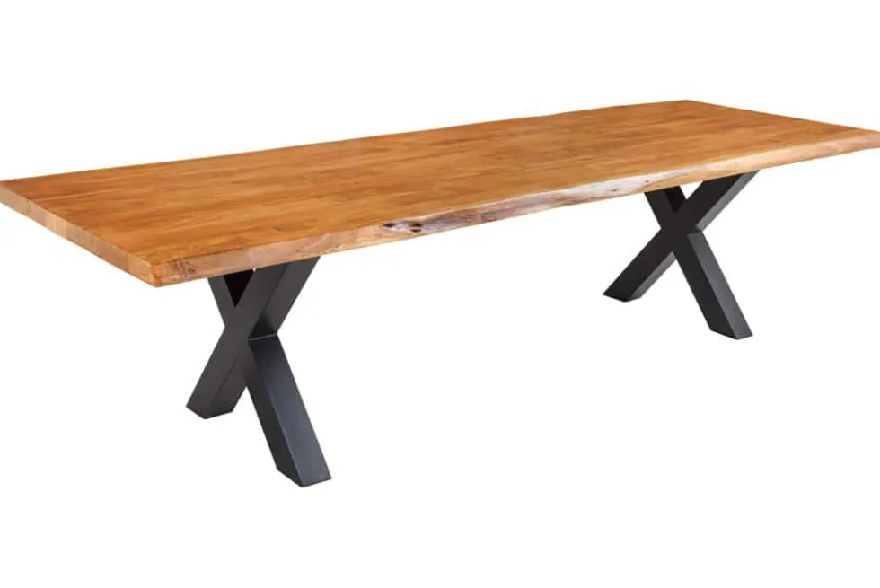 Massivholz Esstisch MAMMUT 300cm Akazie X-Gestell schwarz Metall Baumkante 6cm Tischplatte