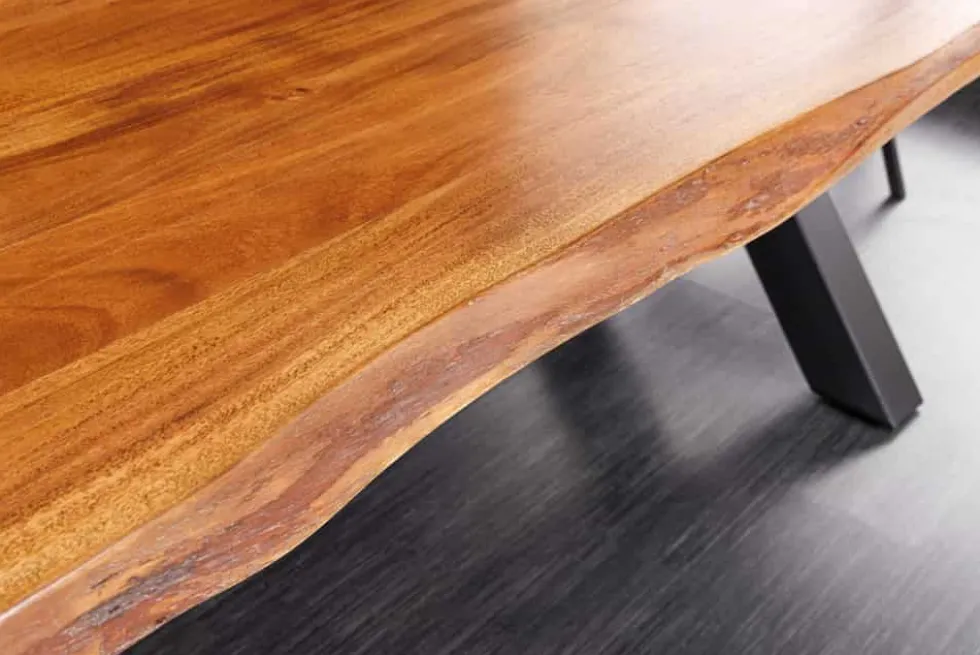 Massivholz Esstisch MAMMUT 300cm Akazie X-Gestell schwarz Metall Baumkante 6cm Tischplatte
