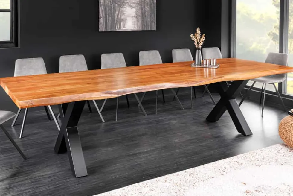 Massivholz Esstisch MAMMUT 300cm Akazie X-Gestell schwarz Metall Baumkante 6cm Tischplatte