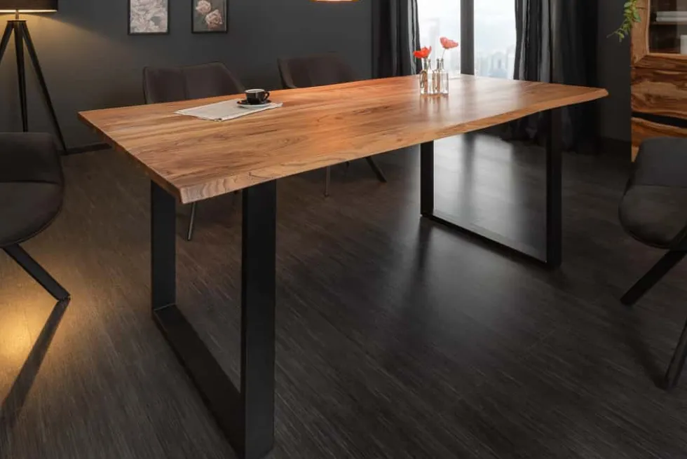 Massivholz Esstisch MAMMUT 180cm Wild-Akazie Baumkante Industrial Design 2,6cm Tischplatte