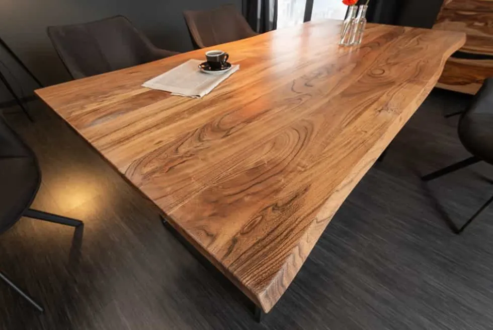 Massivholz Esstisch MAMMUT 180cm Wild-Akazie Baumkante Industrial Design 2,6cm Tischplatte