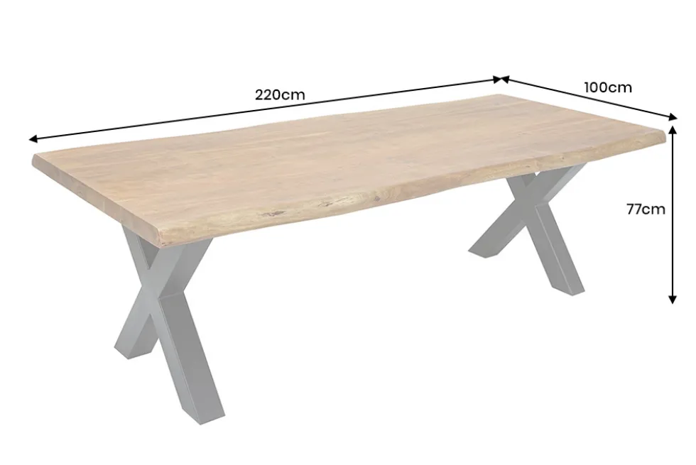 Massivholz Esstisch MAMMUT 220cm natur Akazie X-Gestell schwarz Metall Baumkante