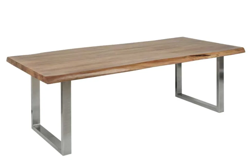 Massivholz Esstisch MAMMUT NATURE 240cm Akazie Baumkante 6cm Tischplatte Edelstahlbeine