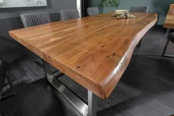 Massivholz Esstisch MAMMUT NATURE 240cm Akazie Baumkante 6cm Tischplatte Edelstahlbeine