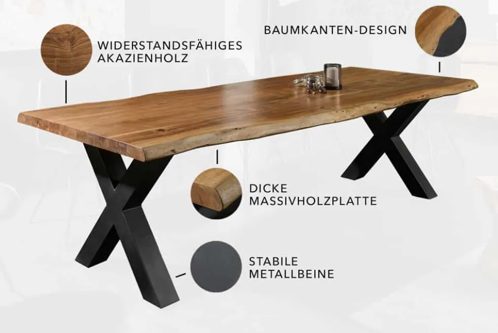 Massivholz Esstisch MAMMUT NATURE 240cm Akazie Baumkante X-Gestell anthrazit 6cm Tischplatte