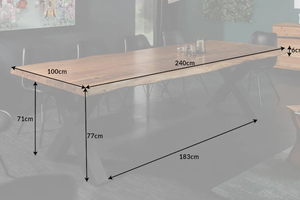 Massivholz Esstisch MAMMUT NATURE 240cm Akazie Baumkante X-Gestell anthrazit 6cm Tischplatte