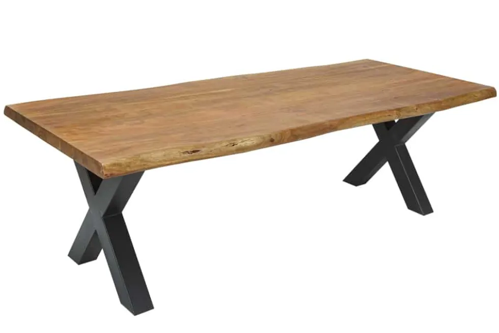 Massivholz Esstisch MAMMUT NATURE 240cm Akazie Baumkante X-Gestell anthrazit 6cm Tischplatte