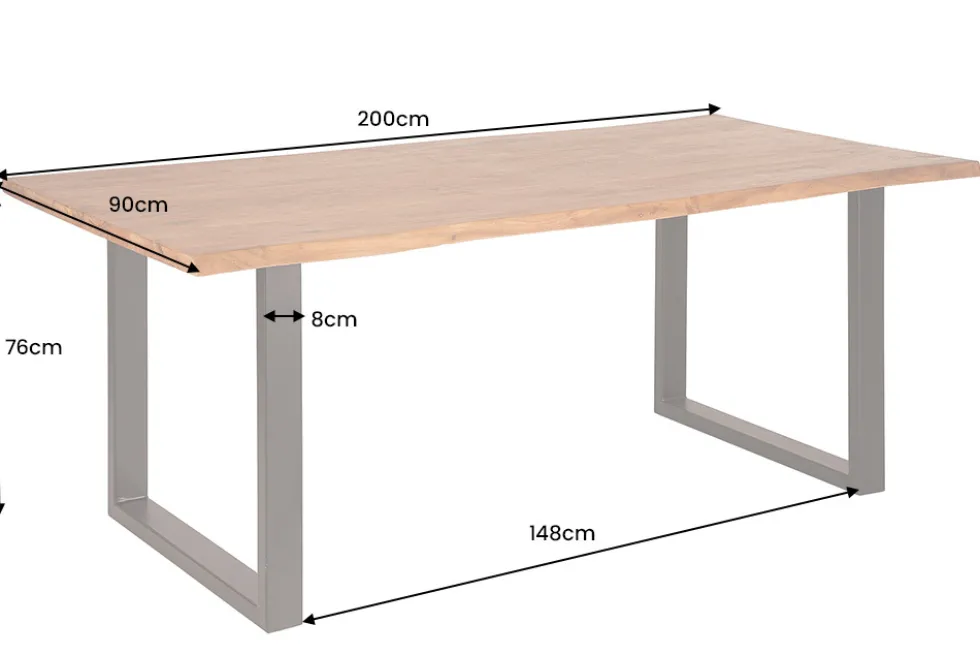 Massivholz Esstisch MAMMUT 200cm Akazie 3,5cm Tischplatte Baumkante Metall schwarz