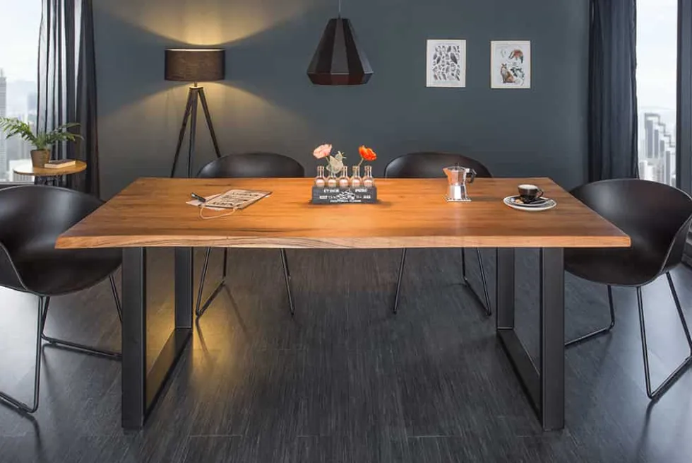 Massivholz Esstisch MAMMUT 200cm Akazie 3,5cm Tischplatte Baumkante Metall schwarz