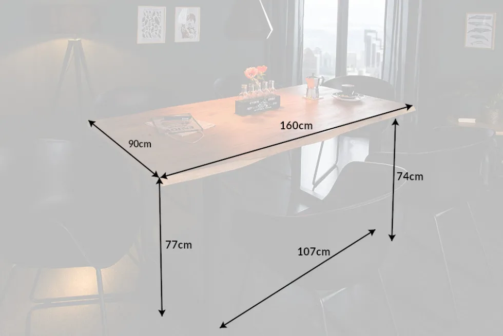 Massivholz Esstisch MAMMUT 160cm Wild-Akazie Industrial Design 2,6cm Tischplatte Baumkante