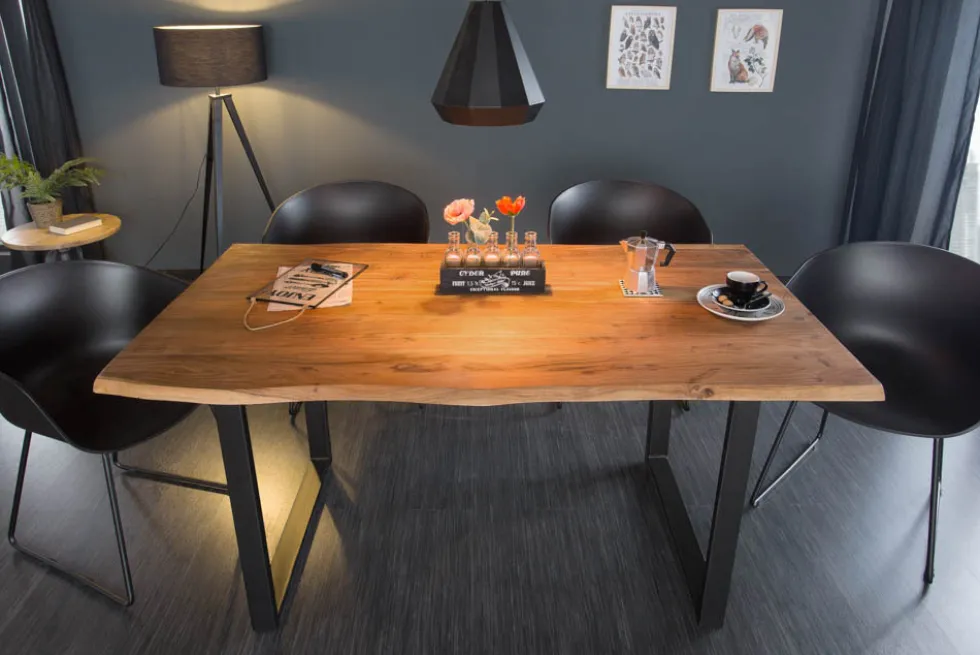 Massivholz Esstisch MAMMUT 160cm Wild-Akazie Industrial Design 2,6cm Tischplatte Baumkante
