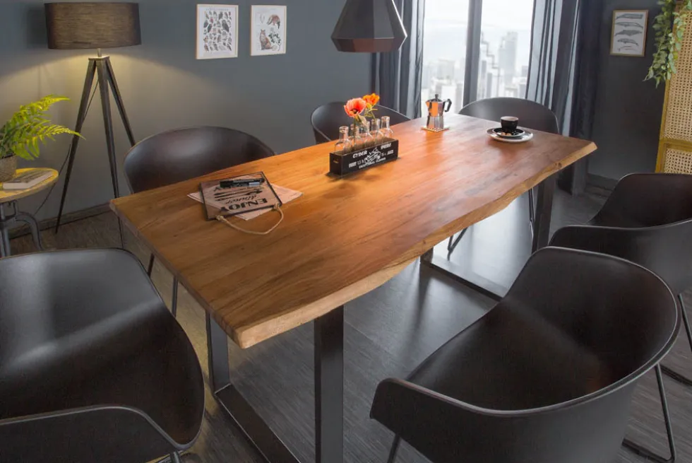 Massivholz Esstisch MAMMUT 160cm Wild-Akazie Industrial Design 2,6cm Tischplatte Baumkante