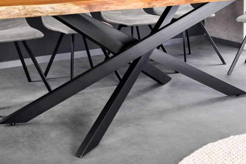 Massivholz Esstisch MAMMUT 200cm Akazie schwarz Metall Baumkante 6cm Tischplatte