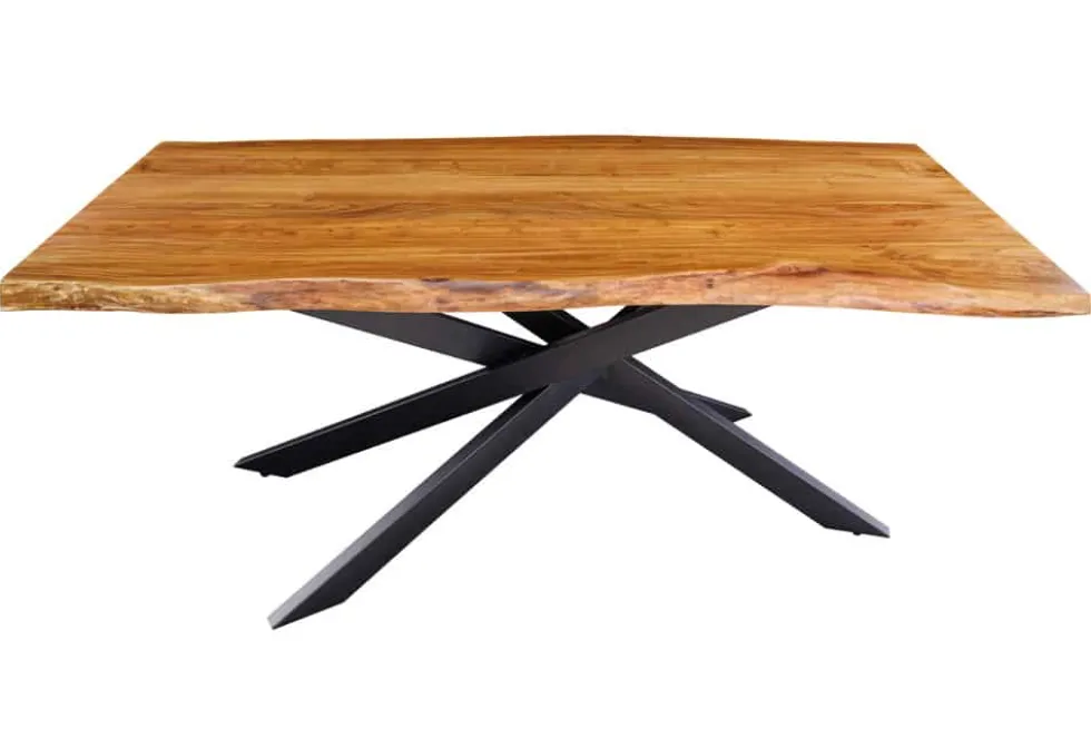 Massivholz Esstisch MAMMUT 200cm Akazie schwarz Metall Baumkante 6cm Tischplatte