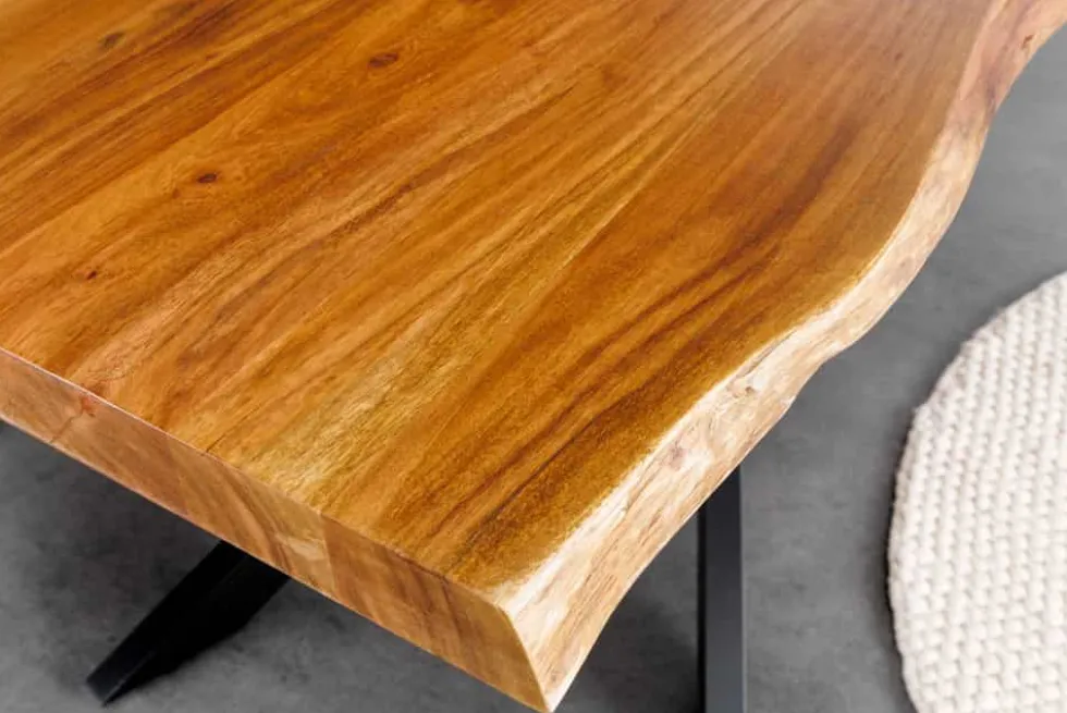Massivholz Esstisch MAMMUT 200cm Akazie schwarz Metall Baumkante 6cm Tischplatte