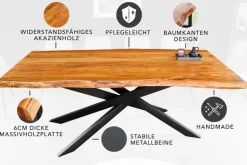 Massivholz Esstisch MAMMUT 200cm Akazie schwarz Metall Baumkante 6cm Tischplatte