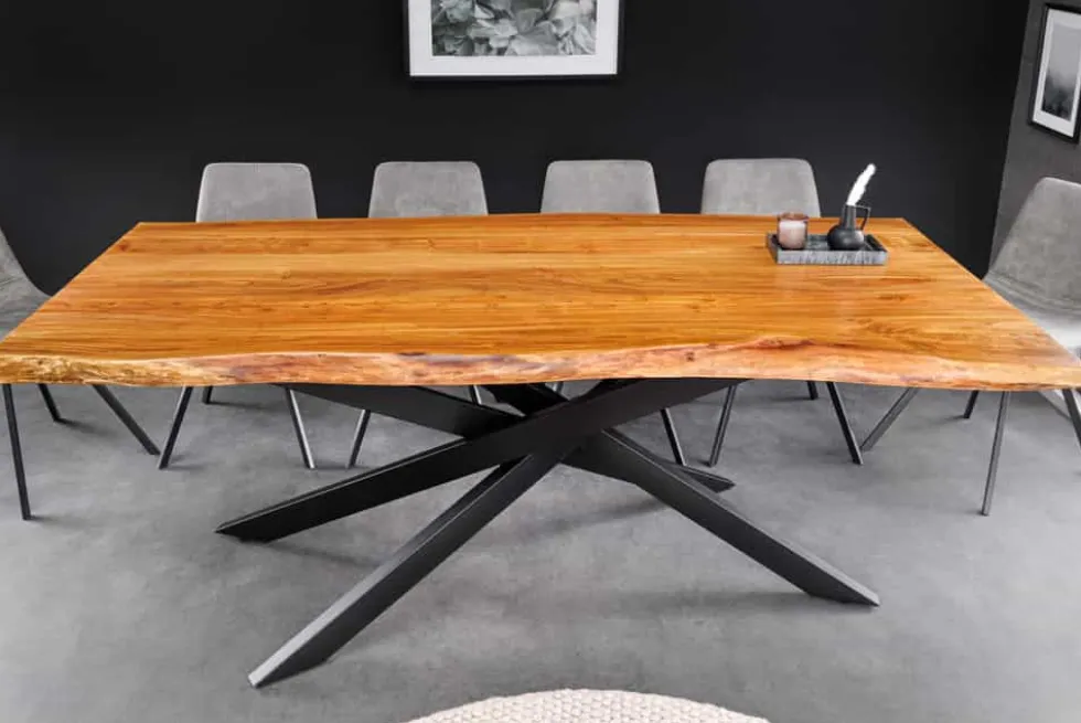 Massivholz Esstisch MAMMUT 200cm Akazie schwarz Metall Baumkante 6cm Tischplatte
