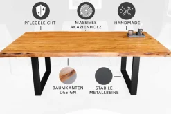Massivholz Esstisch MAMMUT 200cm Akazie U-Gestell schwarz Metall Baumkante