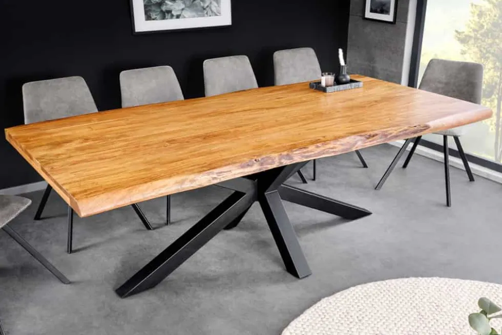 Massivholz Esstisch MAMMUT 200cm Akazie schwarz Metall Baumkante 5cm Tischplatte