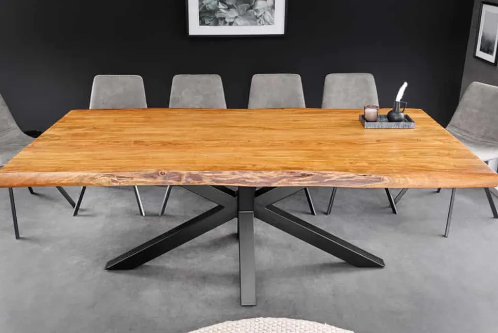 Massivholz Esstisch MAMMUT 200cm Akazie schwarz Metall Baumkante 5cm Tischplatte