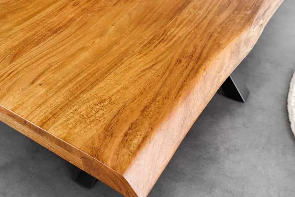 Massivholz Esstisch MAMMUT 200cm Akazie schwarz Metall Baumkante 5cm Tischplatte