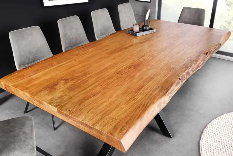 Massivholz Esstisch MAMMUT 200cm Akazie schwarz Metall Baumkante 5cm Tischplatte