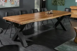Massivholz Esstisch MAMMUT 180cm Akazie X-Gestell schwarz Baumkante 6cm Tischplatte
