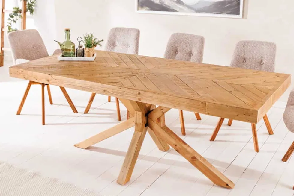 Massivholz Esstisch MOSAIK 200cm natur Pinienholz recycelt Sterngestell